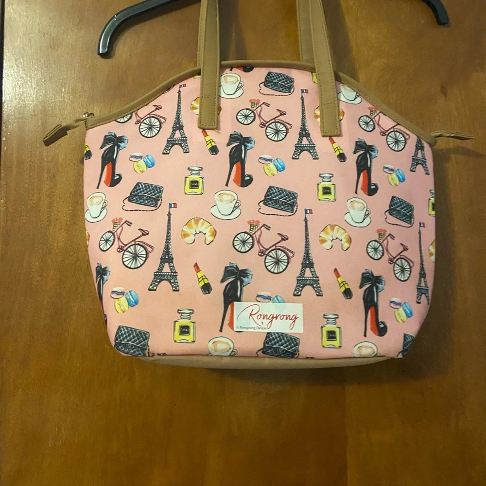 Pink Paris Print Tote Bag with Tan Handles - Picture 1 of 4